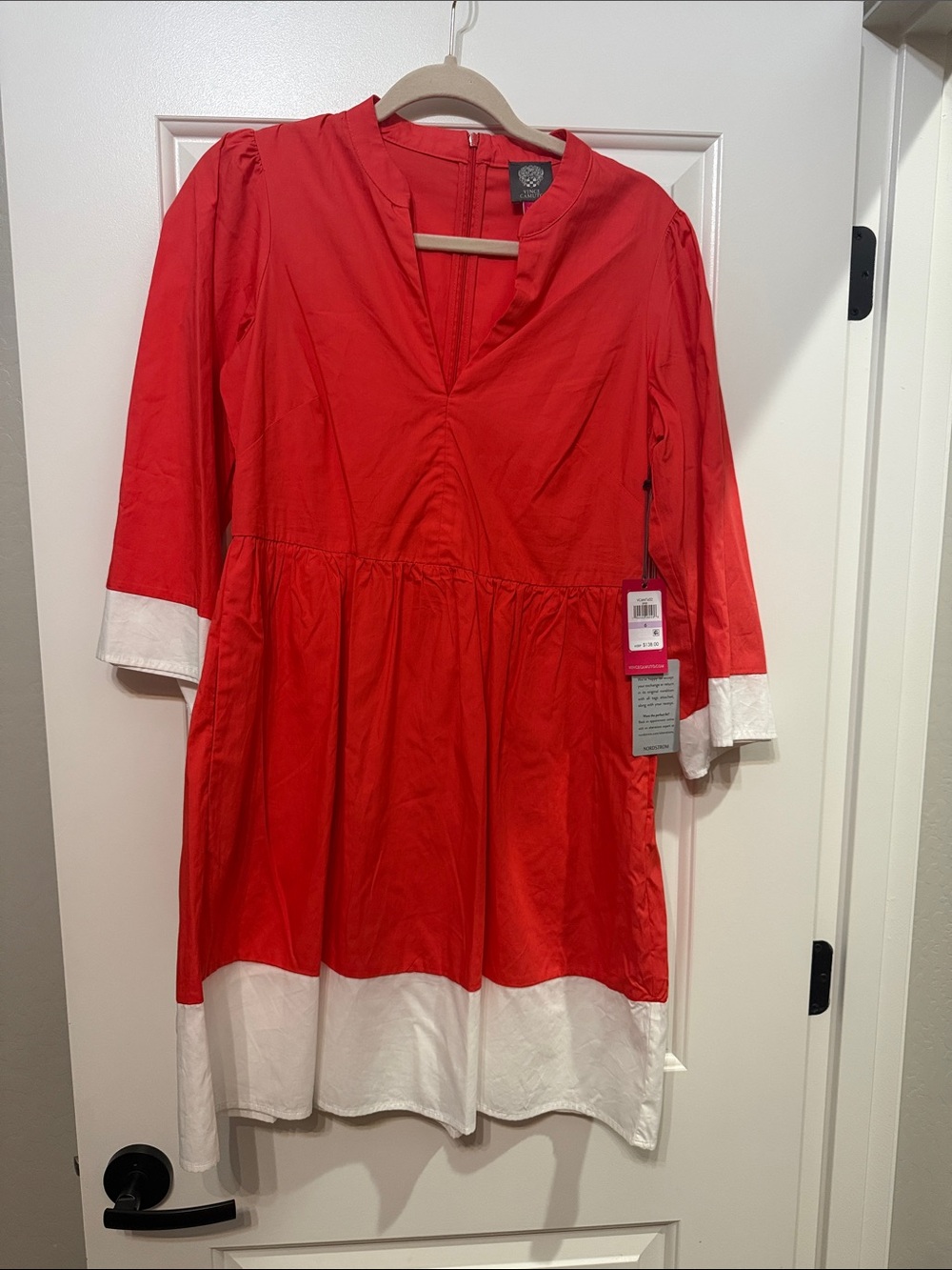 Vince Camuto Red Dress with White Contrast Hem and Cuffs